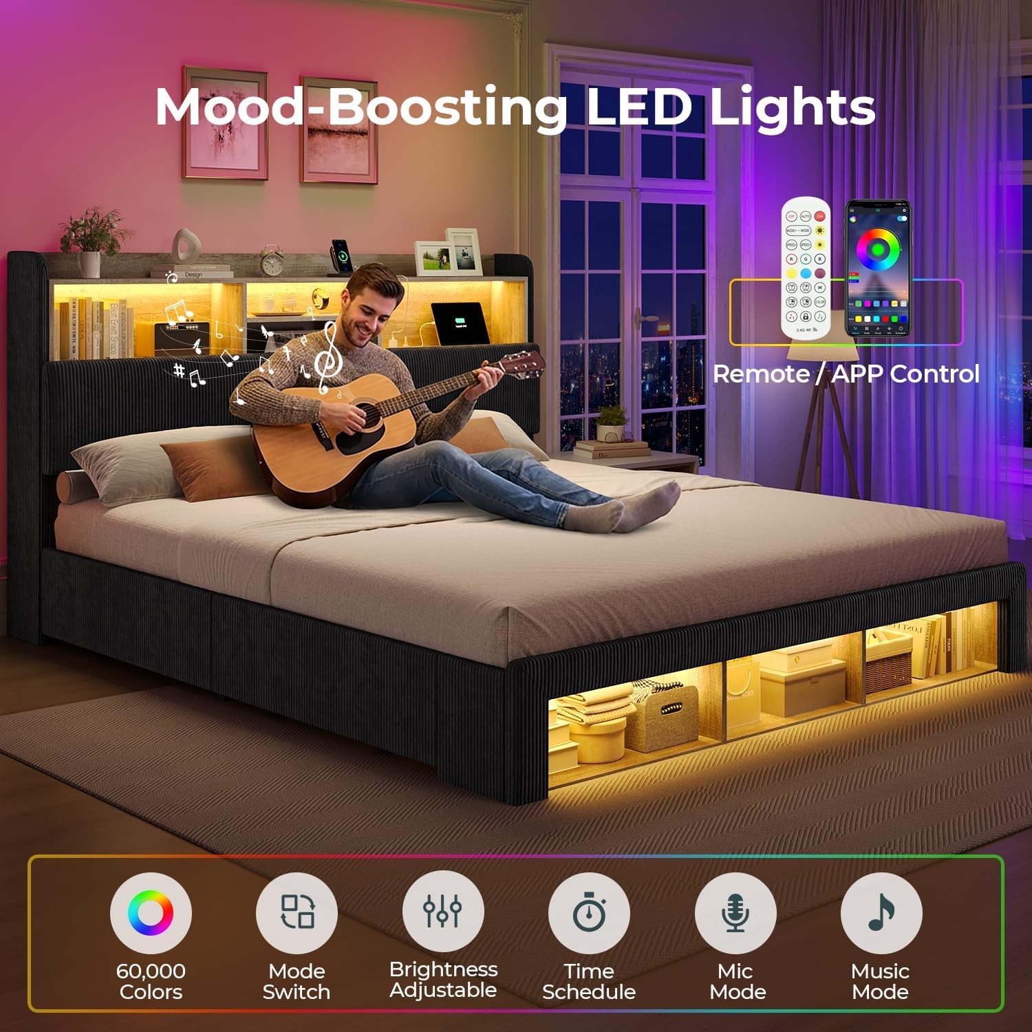 ADORNEVE California King Bed Frames with 4 Storage Drawers, Footboard Cubbies and RGB Lights, Corduroy Upholstered Platform Bed with Power Outlets and Storage Headboard, No Box Spring Needed, Black