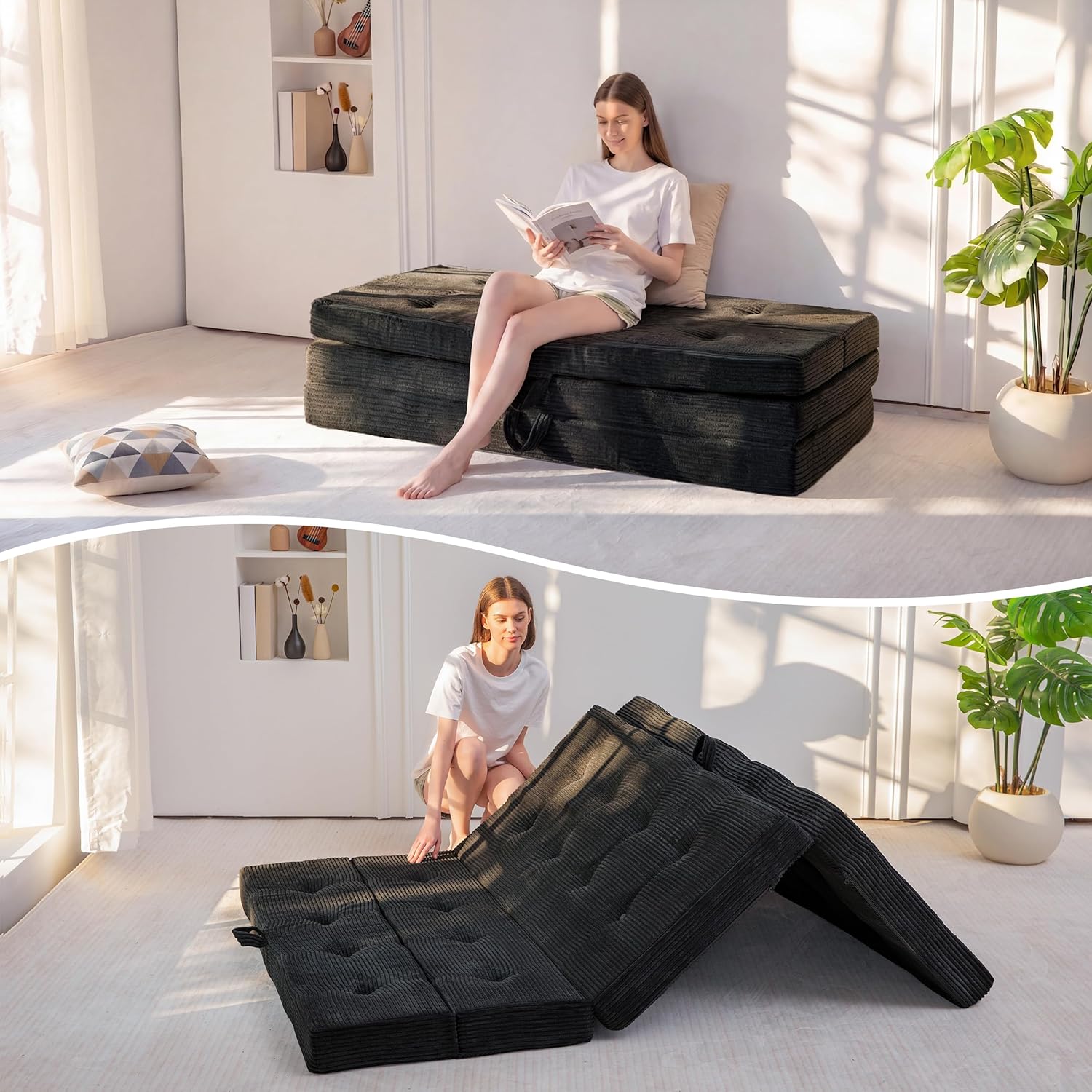 MAXYOYO Foldable Sofa Couch Bed, 4 Inch Tufted Folding Mattress, Portable Floor Couch with Handles Guest Bed Topper Portable Camping Mat with Corded Fabric, Queen Size, Black