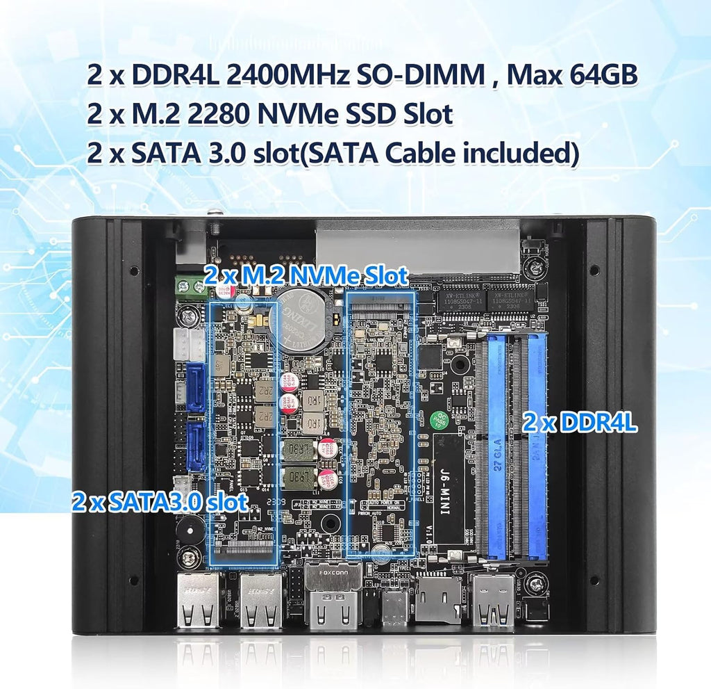 Firewall Micro Appliance J6413 4 Core, DDR4 8GB RAM 128GB NVMe SSD, 4 x i226V 2.5GbE LAN Fanless OPNsense Mini PC Router, AES-NI, 2HD+USB-C 3 Display Hardware, 2 x M.2 NVMe, TF Card Slot