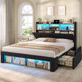 ADORNEVE Full Size Bed Frame with 4 Storage Drawers, 2 Footboard Cubbies and RGB Lights, Corduroy Upholstered Platform Bed with Charging Station and Storage Headboard, No Box Spring Needed, Black
