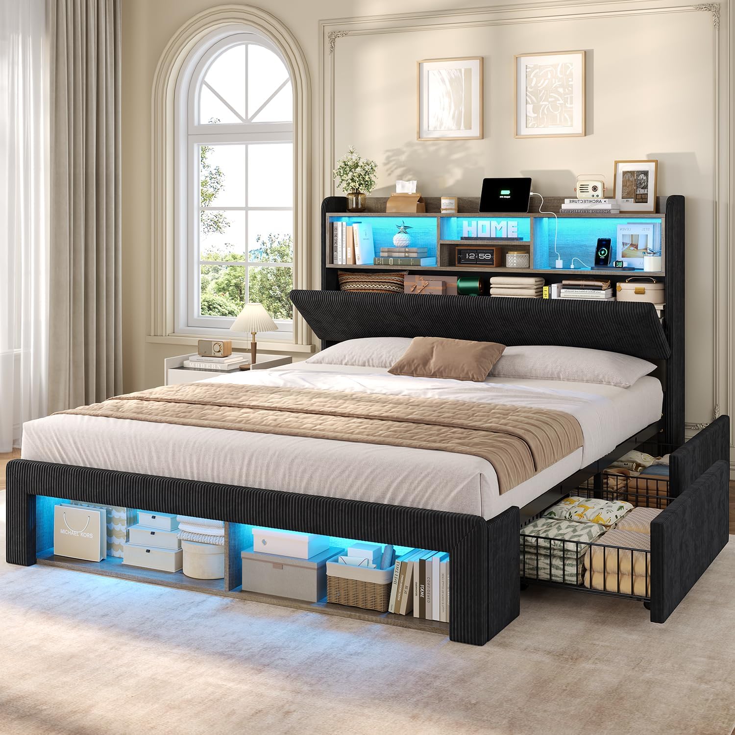 ADORNEVE Full Size Bed Frame with 4 Storage Drawers, 2 Footboard Cubbies and RGB Lights, Corduroy Upholstered Platform Bed with Charging Station and Storage Headboard, No Box Spring Needed, Black