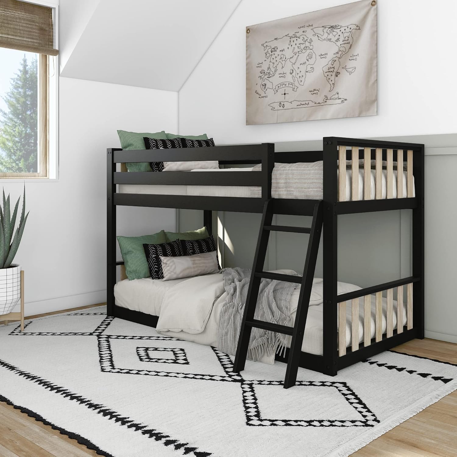 Max & Lily Low Bunk Bed, Scandinavian Modern Bunk Bed, Solid Wood Twin-Over-Twin Bed Frame for Kids, No Box Spring Needed, Black/Blonde