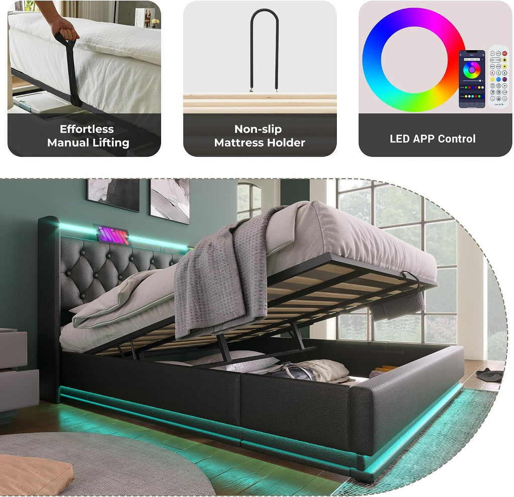 Twin Size Upholstered Bed Frame with 360° LED Lights, Hydraulic Storage, USB Charging, Modern Platform Bed with Headboard, Remote App Control for Teen, Guest Room, Small Space (Black + King)