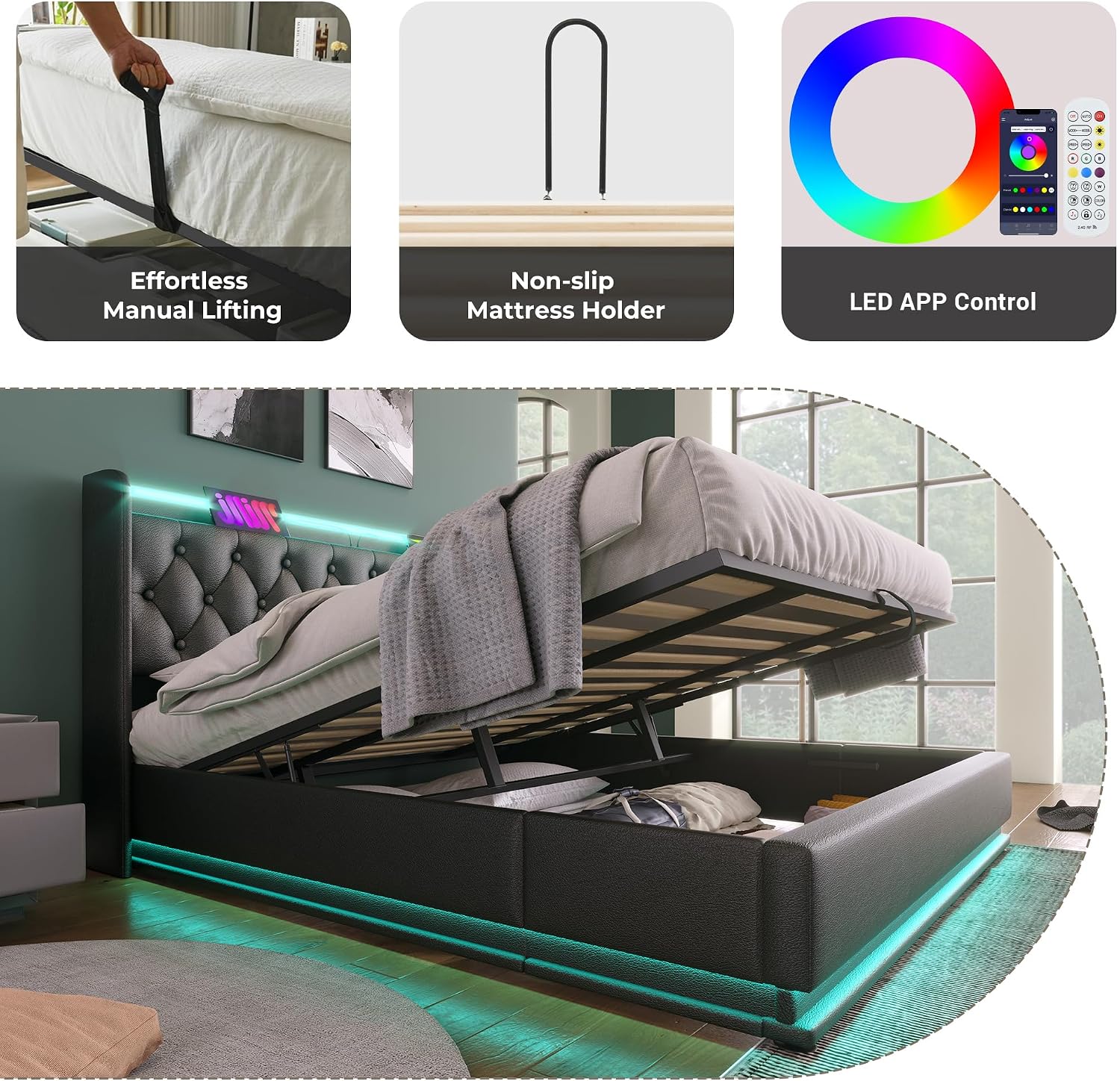 Twin Size Upholstered Bed Frame with 360° LED Lights, Hydraulic Storage, USB Charging, Modern Platform Bed with Headboard, Remote App Control for Teen, Guest Room, Small Space (Black + King)