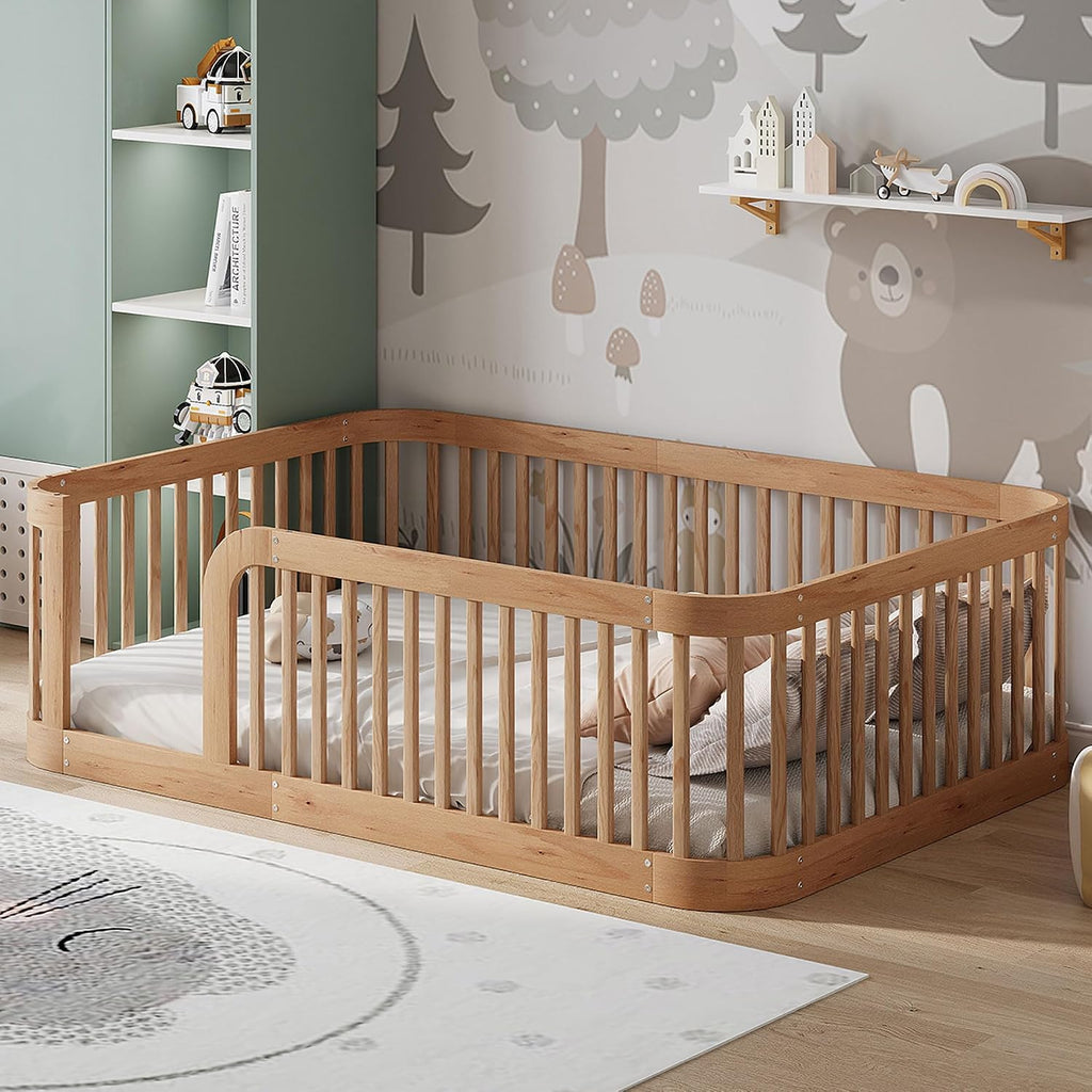 Full Size Wood Floor Bed with Fence, Playful Design Montessori Floor Bed with Guardrail, Without Slats, Easy Assembly (Natural//Full,124)