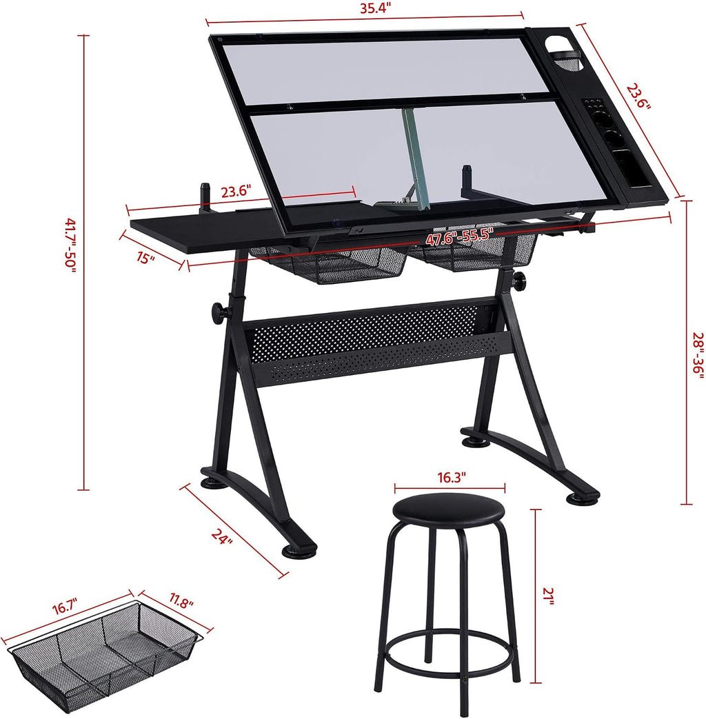 Yaheetech Drafting Table w/Stool Height Adjustable Multifunctional Art Craft Artists Desk Tilting Glass Tabletop Diamond Paintings Work Station w/2 Storage Drawers for Home Office