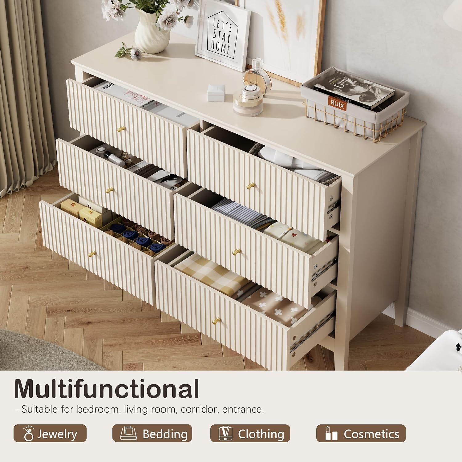 Beige Dresser for Bedroom, 6 Drawers Fluted Chest of Drawers with Storage, Modern 47'' Wide Dresser with Paint Design, Wood Drawer Organizer Dressers for Entryway, Hallway