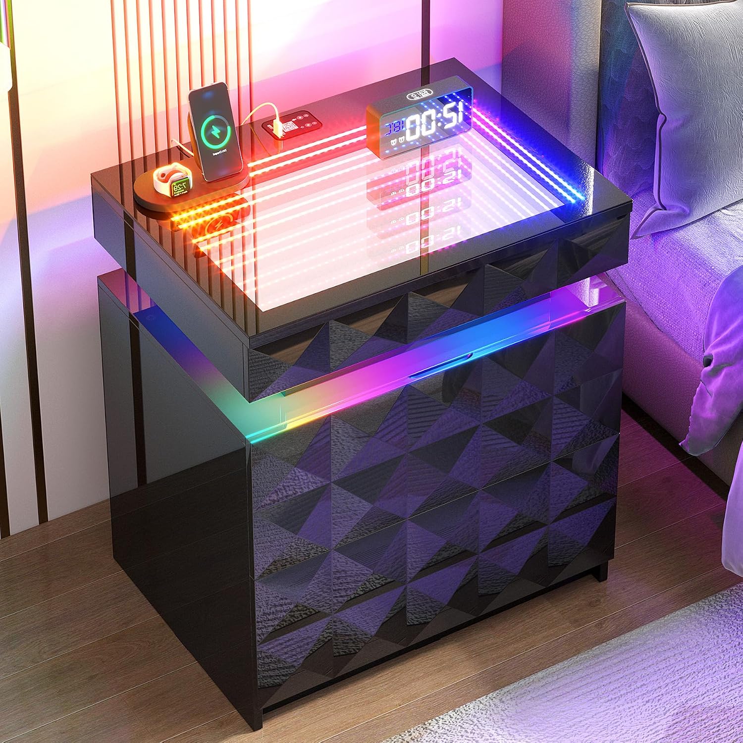 Bedside Table with Charger Station and RGB Lights, Nightstand with 3 Drawers and Sliding Top, Modern Night Stand with Human Body Sensor for Bedroom & Living Room, Black