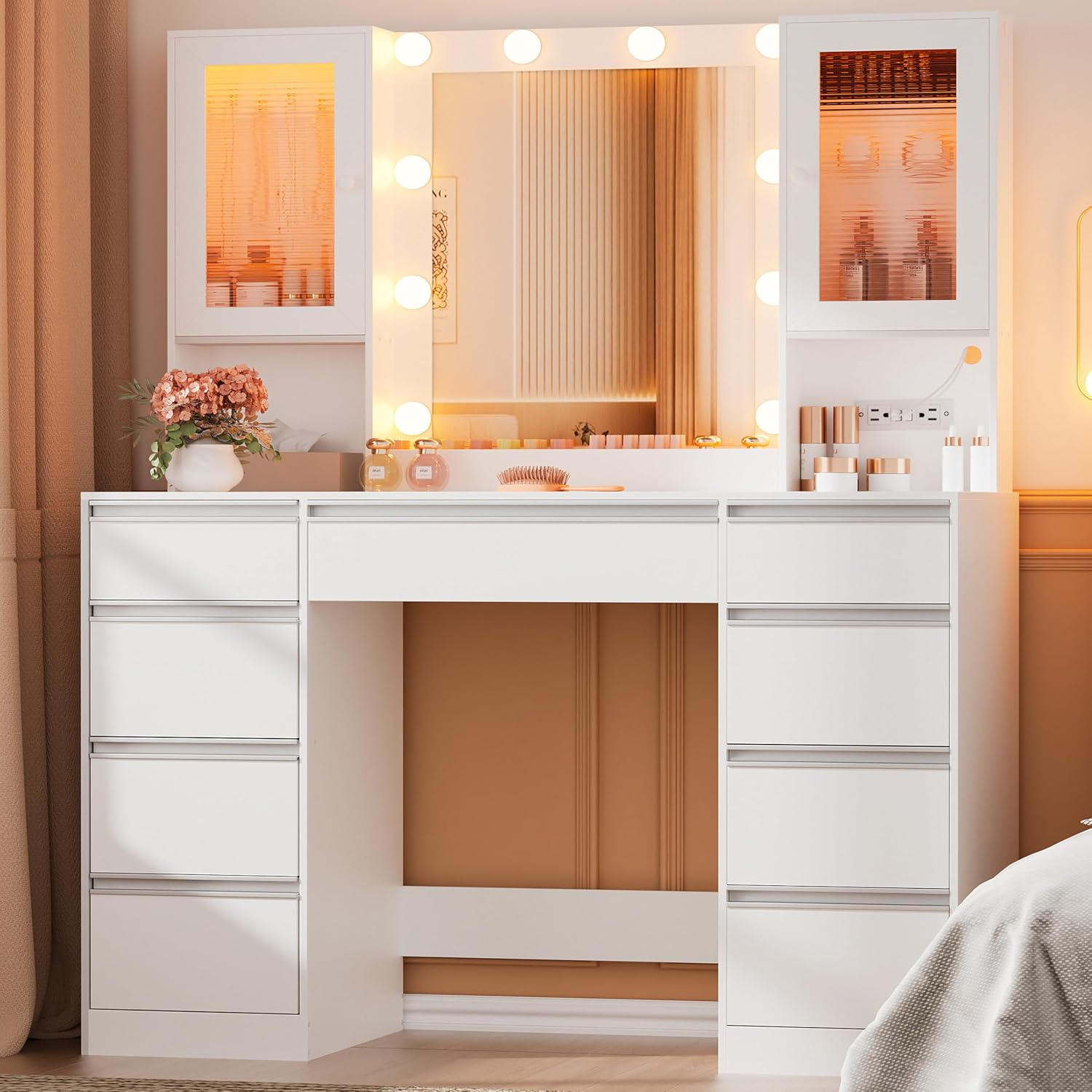 ERLEJIA Vanity Desk with Mirror and Lights, 42.52' 9 Drawer Makeup Table with 2 RGB Lighting Cabinets and Power Outlet for Girls and Ladies Bedroom, White