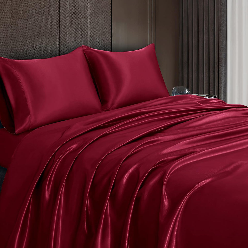 Twin XL Size 4-Piece Sheet Set Premium Mulberry Silk Bed Sheets Set Fits 14-16' Deep Pocket - Luxurious Soft Silk (Solid, Burgundy)