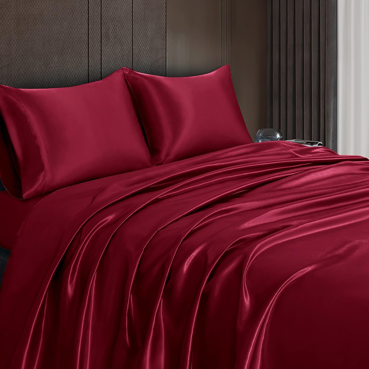 Twin XL Size 4-Piece Sheet Set Premium Mulberry Silk Bed Sheets Set Fits 14-16' Deep Pocket - Luxurious Soft Silk (Solid, Burgundy)