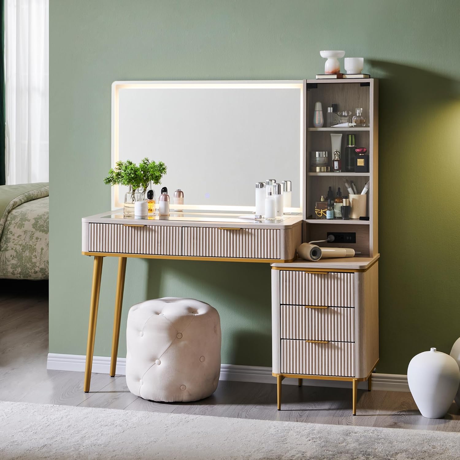 T4TREAM Fluted Makeup Vanity Desk with 36' HD Lighted Mirror, 48' Big Modern Vanity Desk with Mirror and Lights, Dressing Table with 5 Drawers & Shelves, Glass Top for Bedroom (Alder White)
