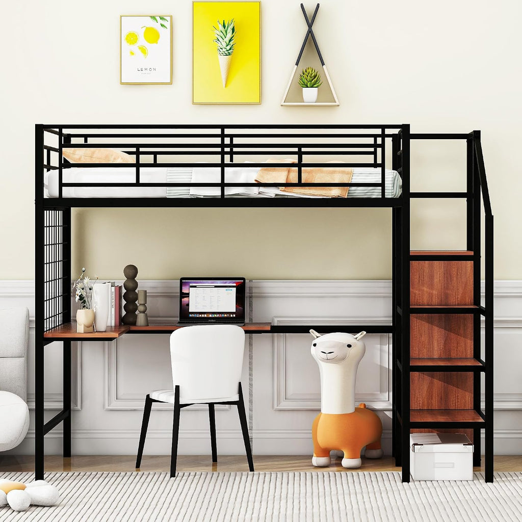 JIVOIT Twin Size Metal Loft Bed with L-Shape Desk and Wardrobe, Stylish Metal Frame Bed with Lateral Storage Ladder and Metal Grid, 3-Layers Storage Shelves, Space Saving Design (Black-Wardrobe,Twin)