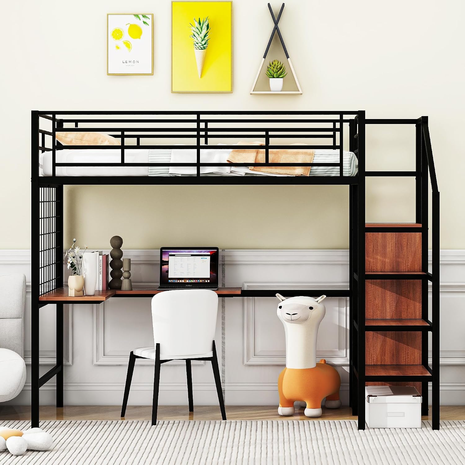 JIVOIT Twin Size Metal Loft Bed with L-Shape Desk and Wardrobe, Stylish Metal Frame Bed with Lateral Storage Ladder and Metal Grid, 3-Layers Storage Shelves, Space Saving Design (Black-Wardrobe,Twin)