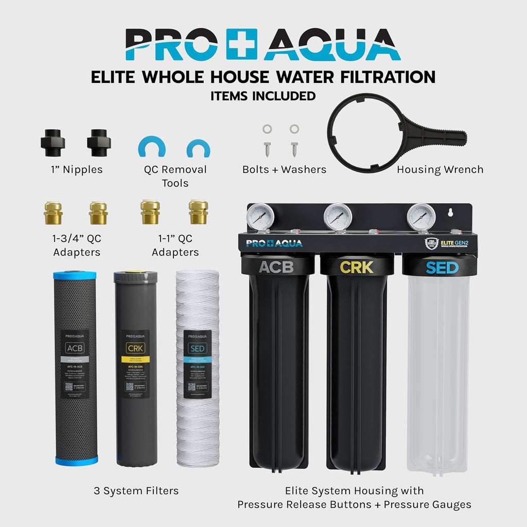 PRO+AQUA Elite Series GEN2 PRO-100-E 3-Stage Whole House Water Filtration System for City & Well Water with Pressure Gauges | Reduces Contaminants, Sediment, Chemicals, Heavy Metals, with 1' Ports