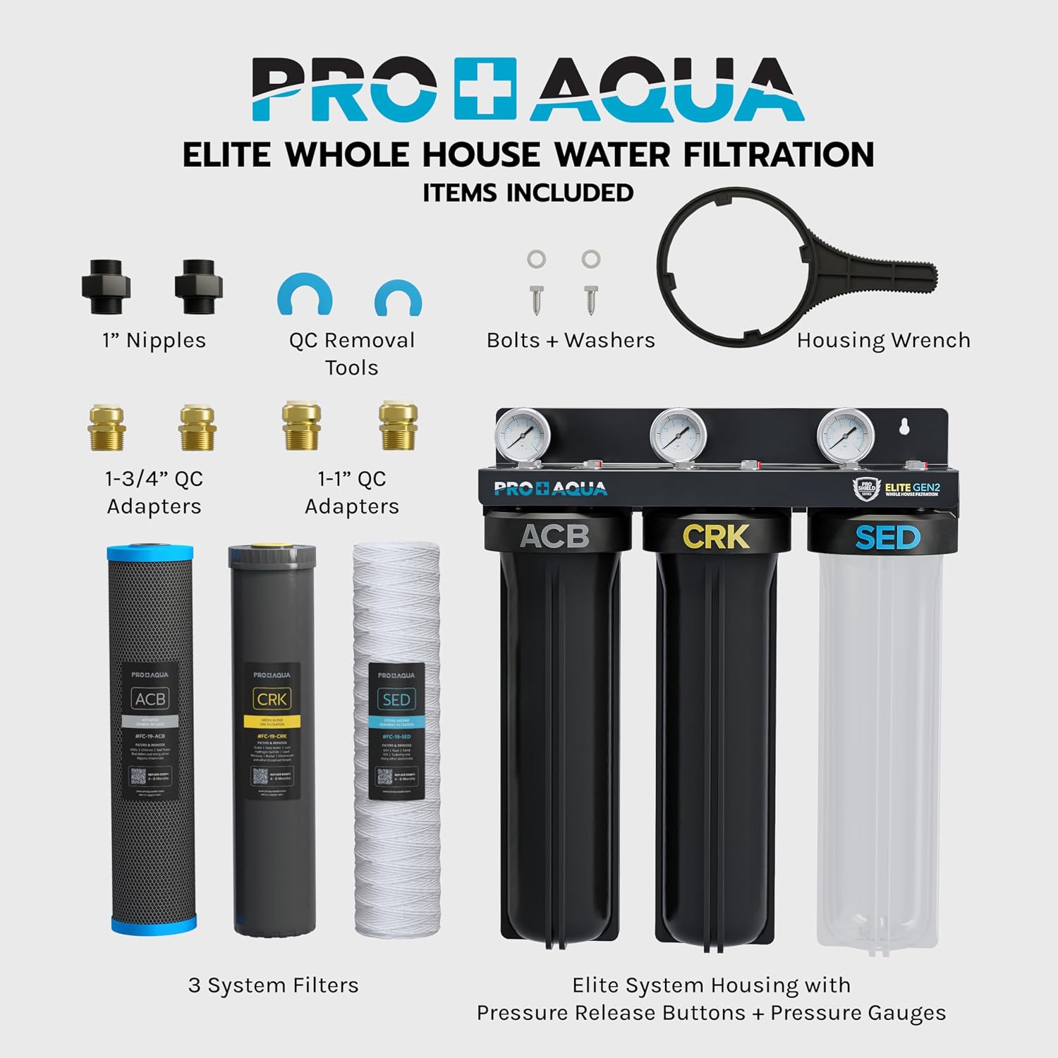 PRO+AQUA Elite Series GEN2 PRO-100-E 3-Stage Whole House Water Filtration System for City & Well Water with Pressure Gauges | Reduces Contaminants, Sediment, Chemicals, Heavy Metals, with 1' Ports