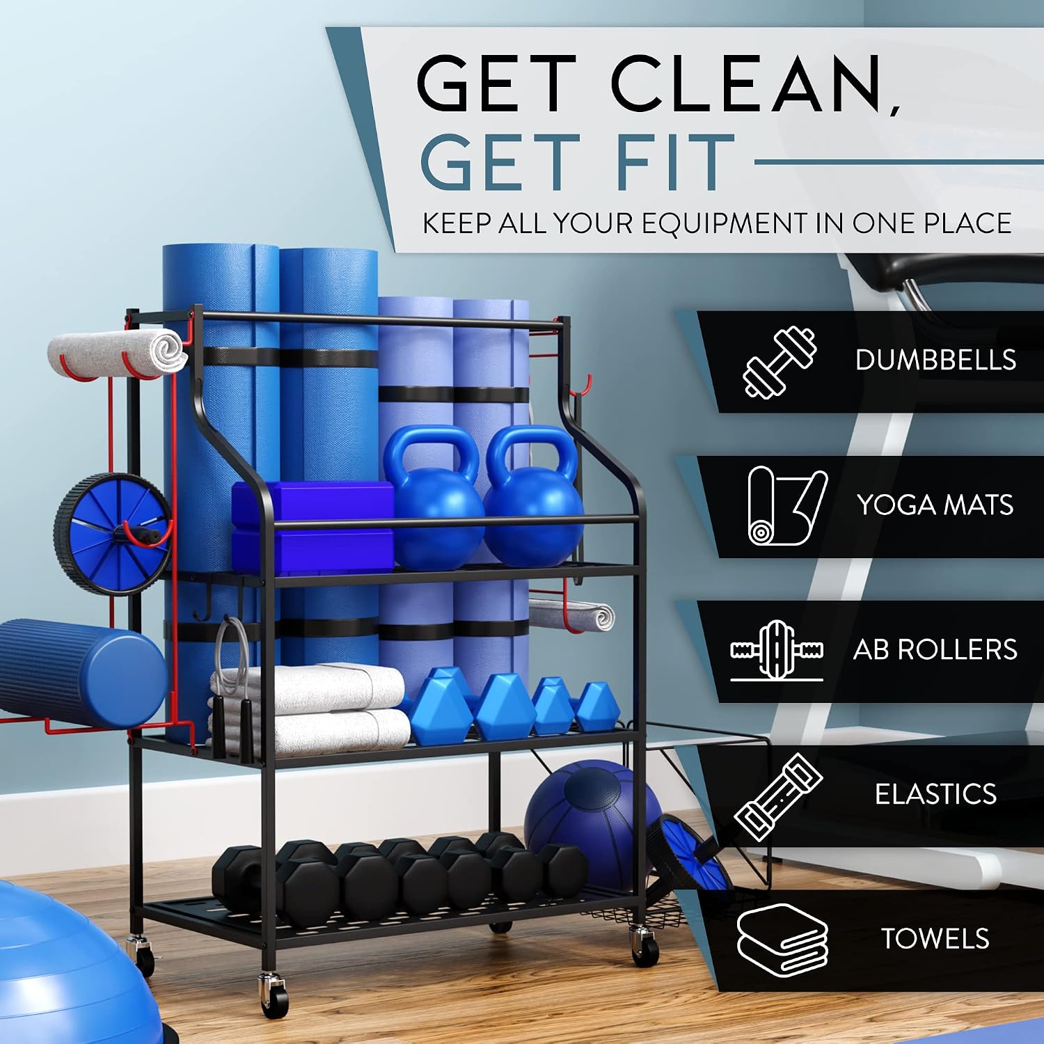 Cascina Home Gym Storage Rack - Weight Rack for Dumbbells, Kettlebells, Foam Roller, Resistance Bands and Yoga Mat Storage Holder - Exercise Workout Equipment Storage Organizer with Hooks and Wheels