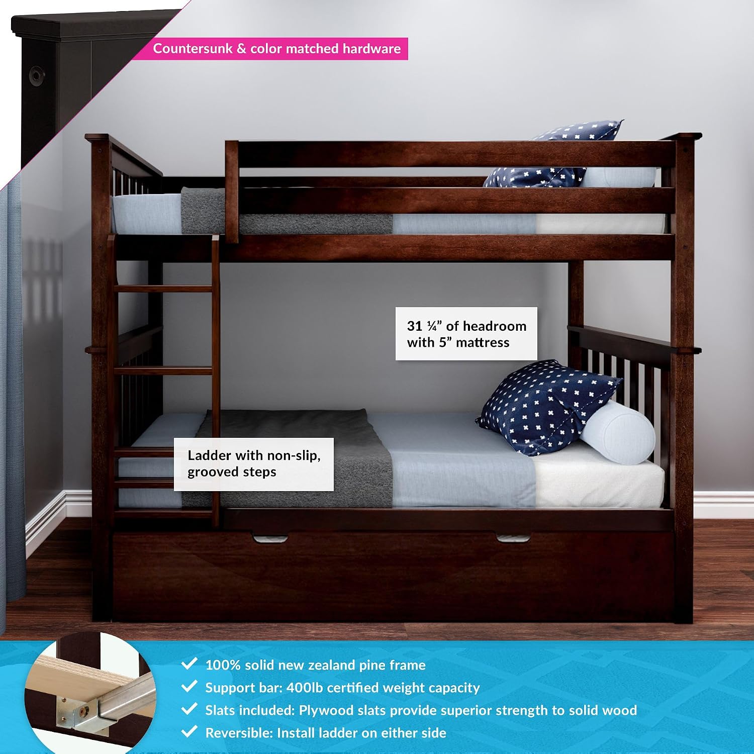 Max & Lily Bunk Bed, Twin-Over-Twin Wood Bed Frame For Kids With Trundle, Espresso