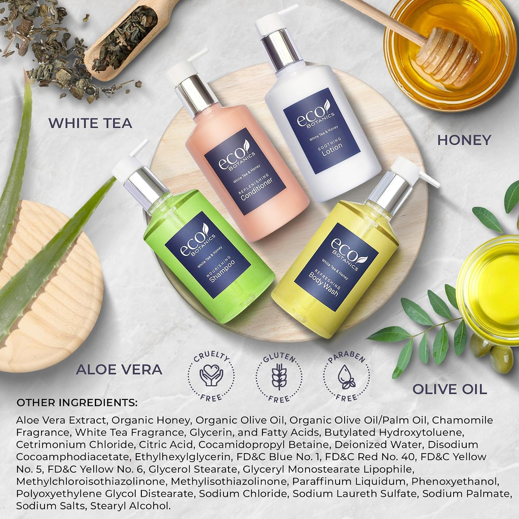 Eco Botanics Hotel Amenities Set | 10.14oz Pump Bottles | Shampoo, Conditioner, Hand & Body Wash, and Lotion | Set of 48