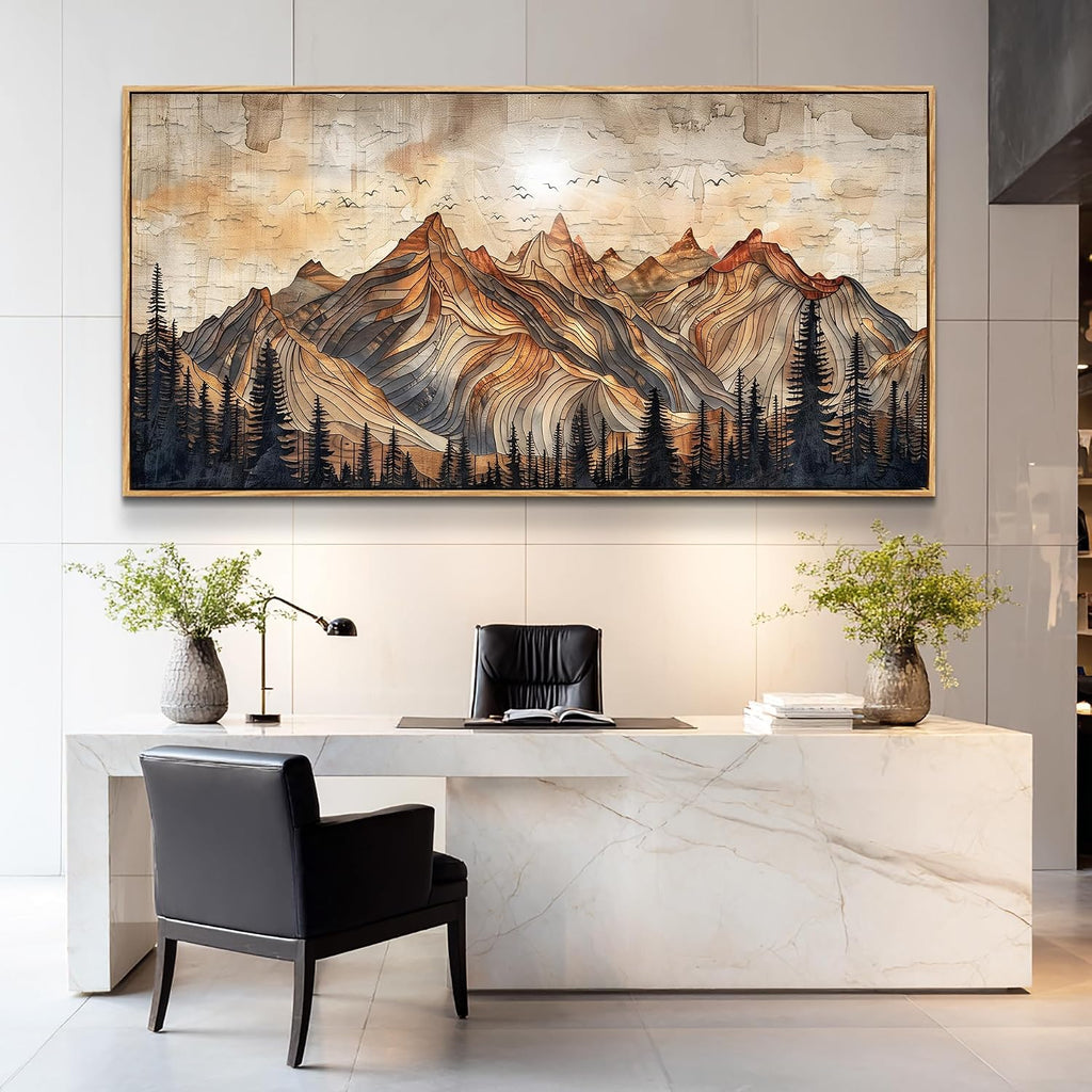 JUDASJART Canvas Wall Art For Bedroom Large Wall Decorations For Living Room Modern Office Wall Decor Abstract Watercolour Painting Mountain Landscape Pictures Artworks Home Decor Wood Framed 32'x72'
