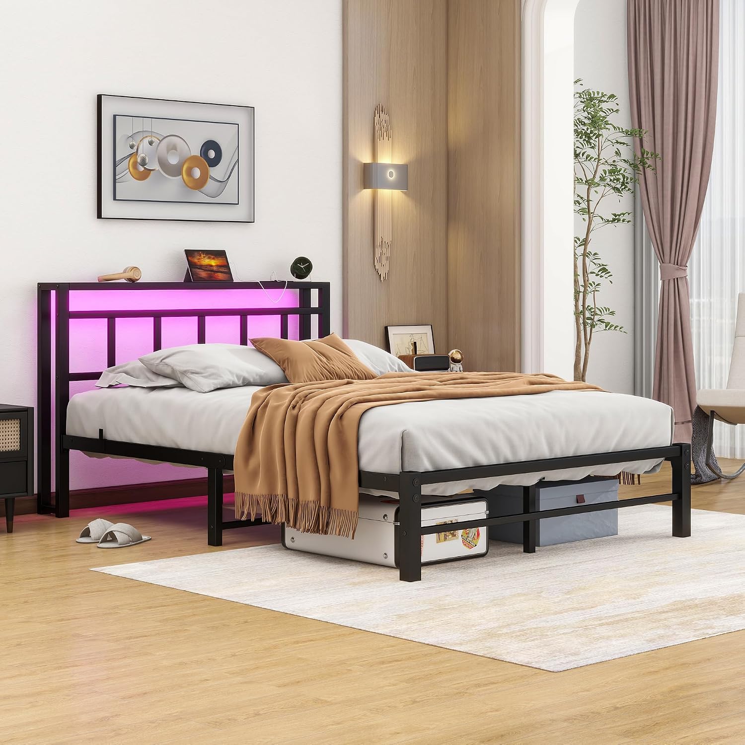 Full Size Bed Frame with Headboard,LED Light and Charging Station with Wood Shelves,Metal Platform Bed with Heavy Duty Slats Support,No Box Spring Needed,Easy Assembly,Noise Free,Black