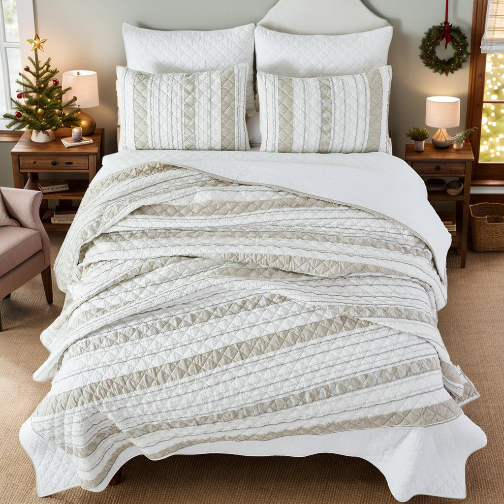 Brandream Queen Size Quilt Set Cotton Blend Farmhouse Patchwork Quilts White Beige Striped Quilts Waffle Quilted Comforter Set 3-Piece