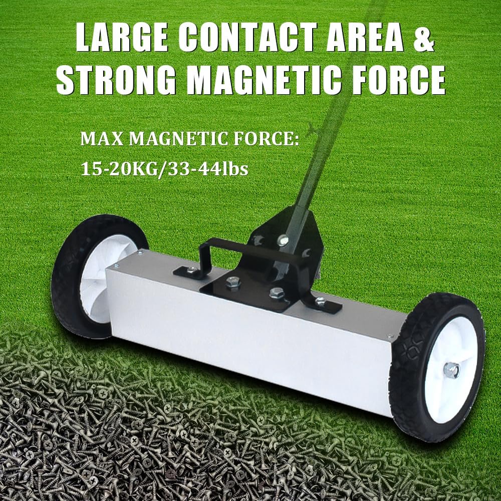 Rolling Magnetic Sweeper Push-Type Magnetic Pick Up Sweeper with Wheels Large Durable Magnet Pickup Lawn Sweeper Length-adjustable Handle Easy Cleanup Tool for Garage Construction Yard (36inch)