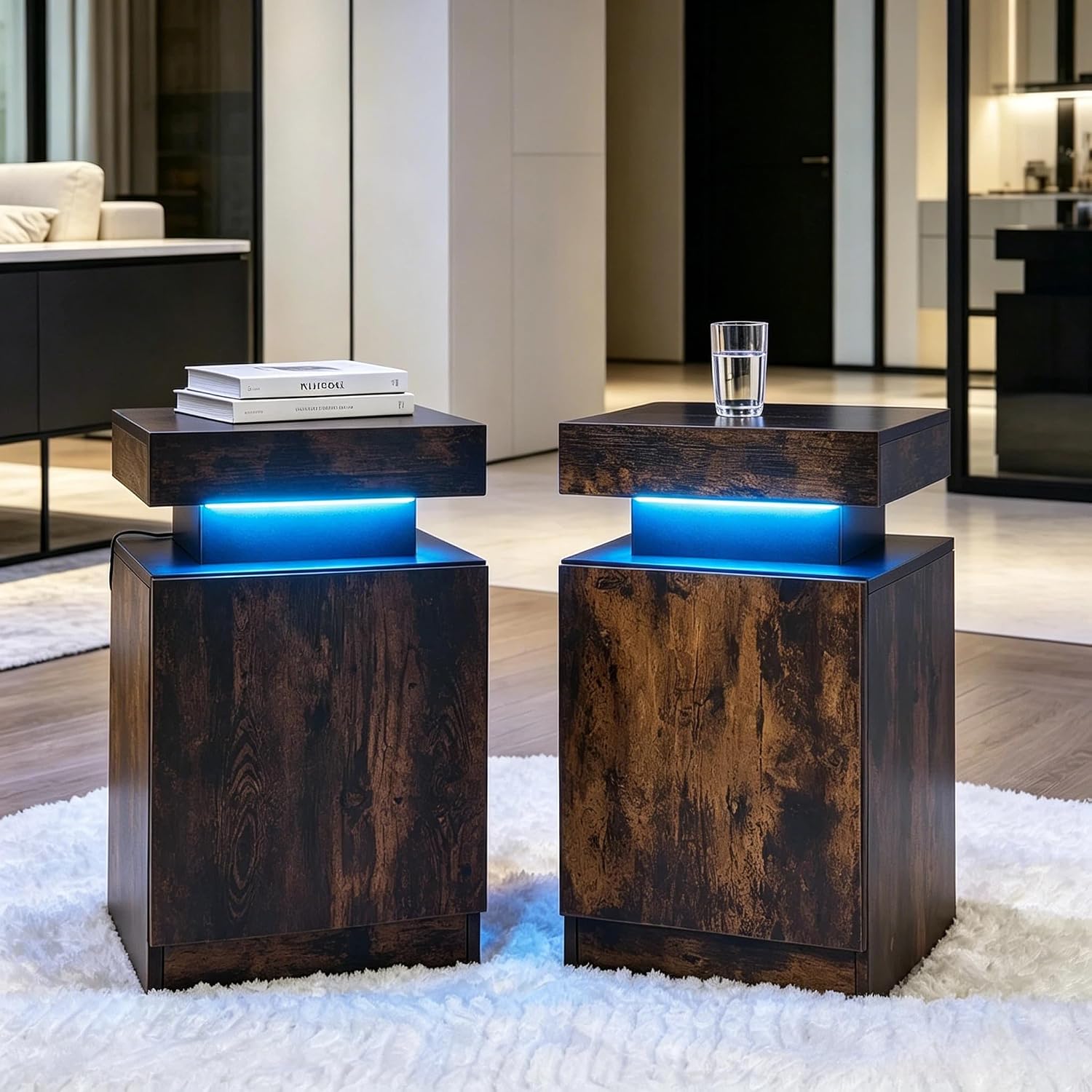 Nightstand with LED Lights Set of 2, 2 Pieces Bedside Tables with Storage Cabinet, Modern End Tables for Bedroom, Brown