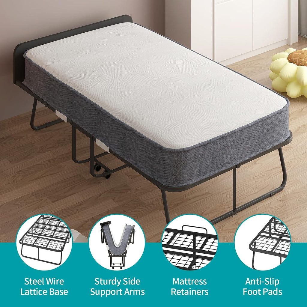 BALUS Folding Bed with Mattress, 75' x 31' Rollaway Bed with Headborad & Dustproof Bag, Portable Fold Up Beds with 5' Rebound Mattress, 2 Locking Caster Foldable Twin Frame for Bedroom/Office（Upgrade）