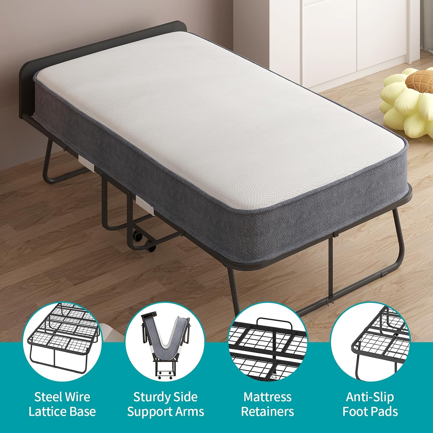 BALUS Folding Bed with Mattress, 75' x 31' Rollaway Bed with Headborad & Dustproof Bag, Portable Fold Up Beds with 5' Rebound Mattress, 2 Locking Caster Foldable Twin Frame for Bedroom/Office（Upgrade）