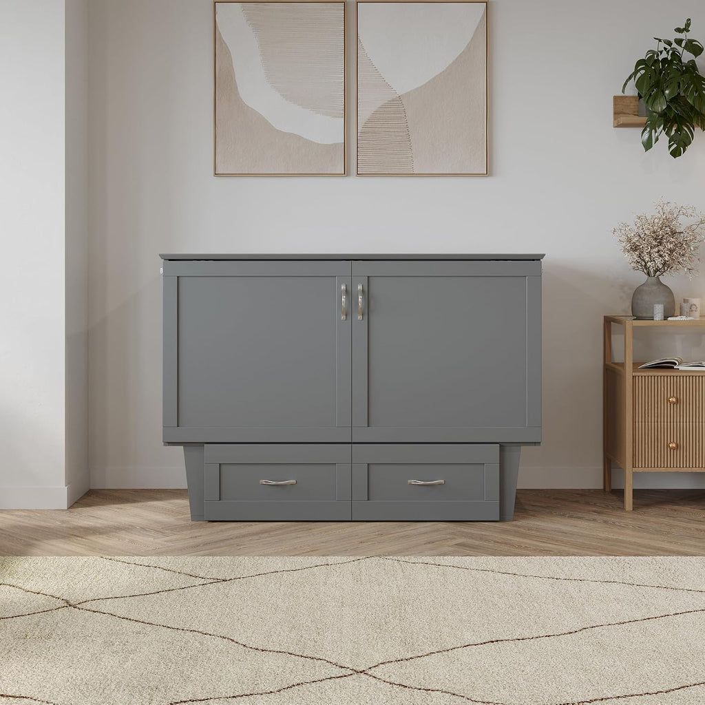 AFI, Monroe Full Murphy Bed Chest with 6' Mattress, Storage Drawer & Built-in USB Charger, Grey