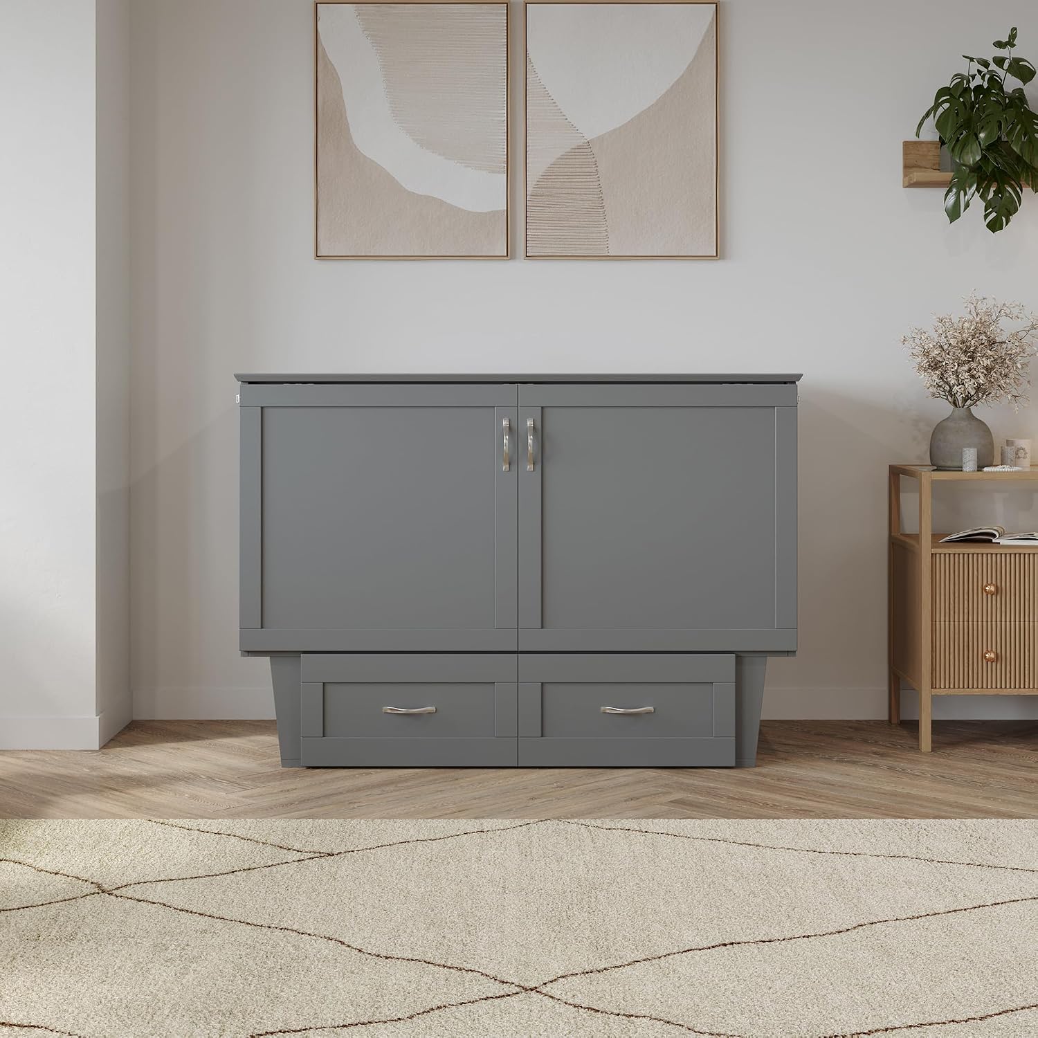 AFI, Monroe Full Murphy Bed Chest with 6' Mattress, Storage Drawer & Built-in USB Charger, Grey