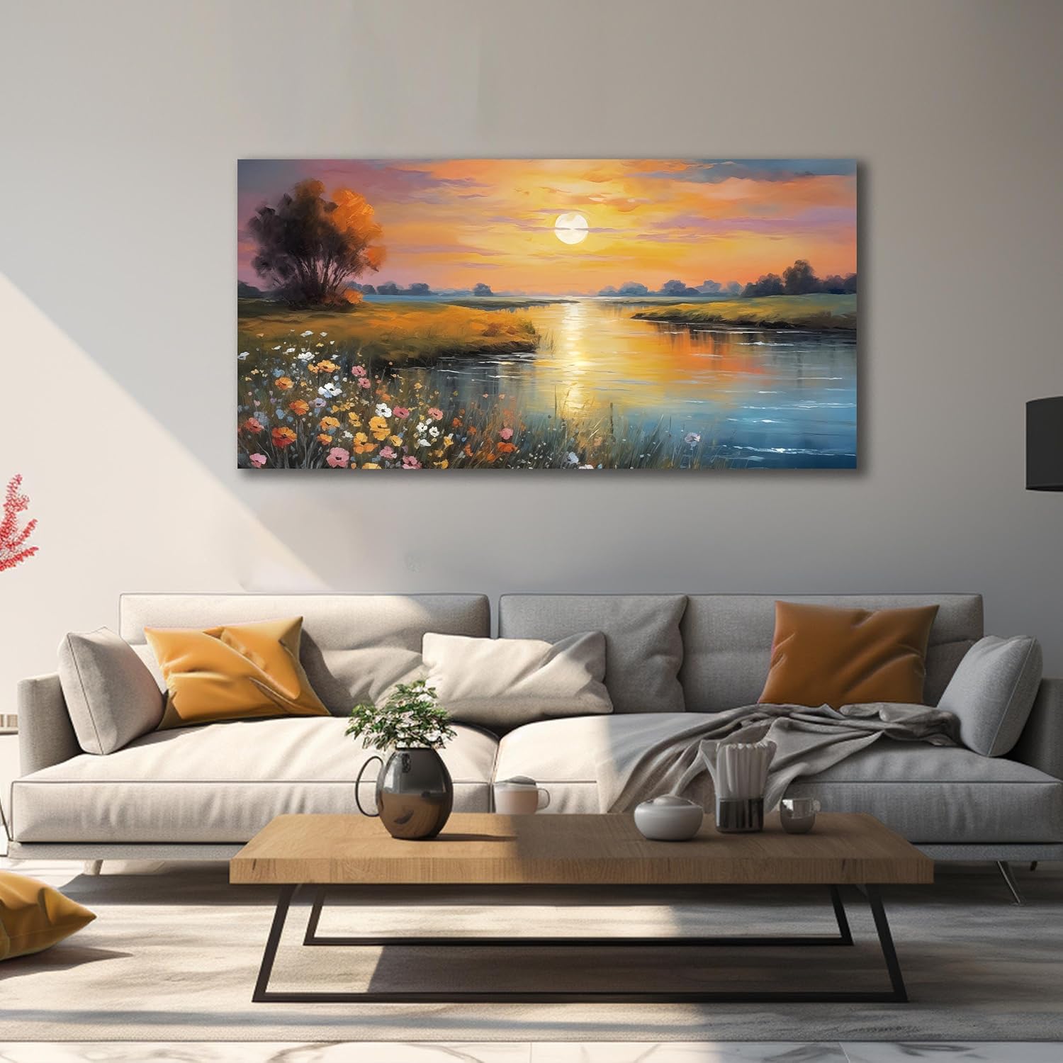Orange Yellow Sunset Lake Landscape Canvas Wall Art with Colorful Wildflowers & Distant Mountain, Serene Nature Scene Large Picture Print Painting Artwork for Living Room Bedroom Decor 58x29 Inches