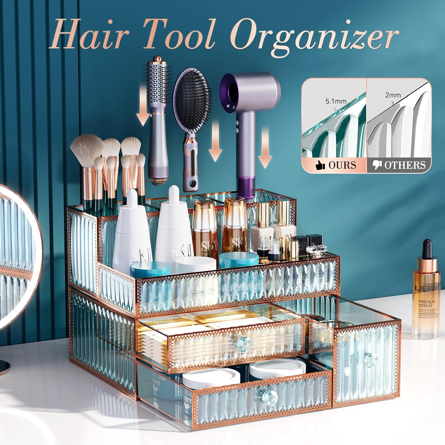 Youdepot 2-Piece Hair Tool and Jewelry Organizer Set – Tempered Glass Makeup, Jewelry, and Hair Styling Tool Storage for Vanity and Countertop – Elegant, Multipurpose Organizer for Home and Gift Use