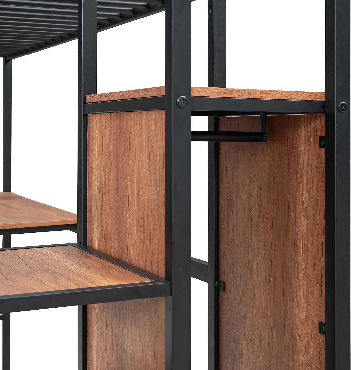 JIVOIT Twin Size Metal Loft Bed with L-Shape Desk and Wardrobe, Stylish Metal Frame Bed with Lateral Storage Ladder and Metal Grid, 3-Layers Storage Shelves, Space Saving Design (Black-Wardrobe,Twin)