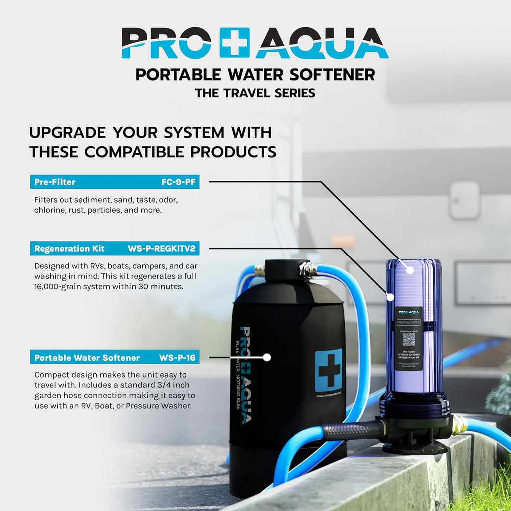 PRO+AQUA 16,000 Grain Portable Water Softener for RV, Trailers, Boats, Mobile Car Wash, Pressure Wash – Protects Water Systems from Hard Water Damage and Corrosion, with (Softener + Regeneration Kit)