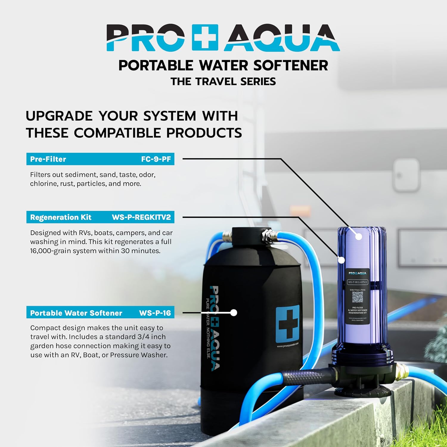 PRO+AQUA 16,000 Grain Portable Water Softener for RV, Trailers, Boats, Mobile Car Wash, Pressure Wash – Protects Water Systems from Hard Water Damage and Corrosion, with (Softener + Regeneration Kit)