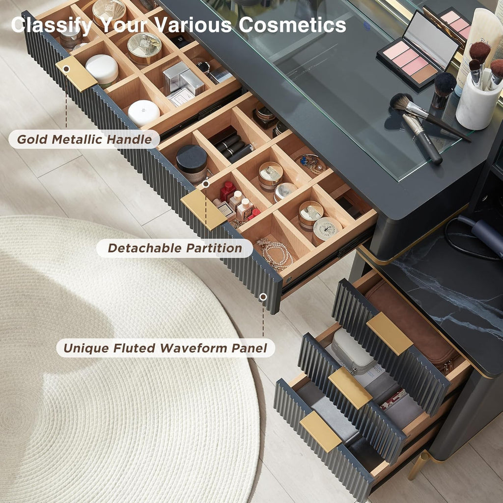 T4TREAM Fluted Makeup Vanity Desk with 36' HD Lighted Mirror, 48' Big Modern Vanity Desk with Mirror and Lights, Dressing Table with 5 Drawers & Shelves, Glass Top for Bedroom, Dark Grey