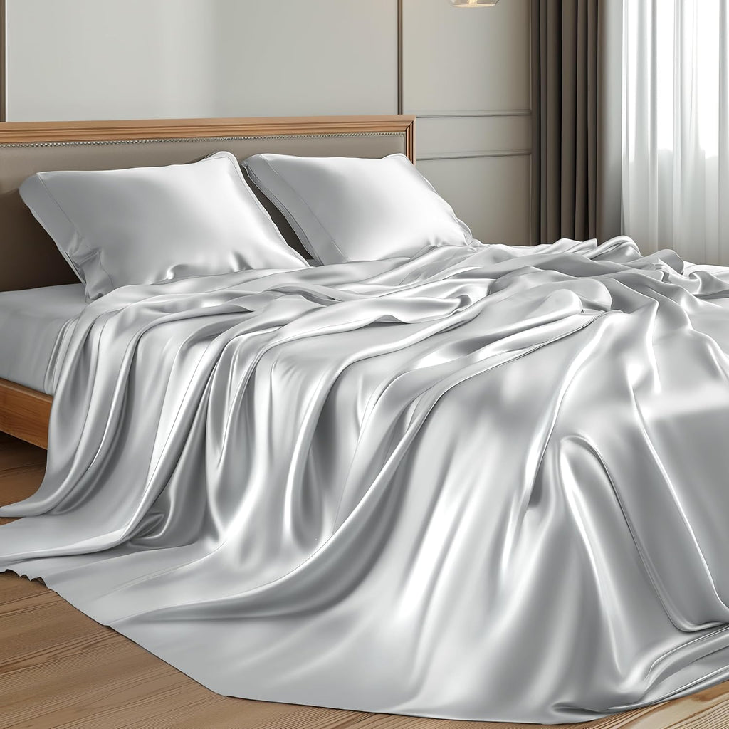 RV King Size 4-Piece Sheet Set Premium Mulberry Silk Bed Sheets Set Fits 14-16' Deep Pocket - Luxurious Soft Silk (Solid, Silver Grey)
