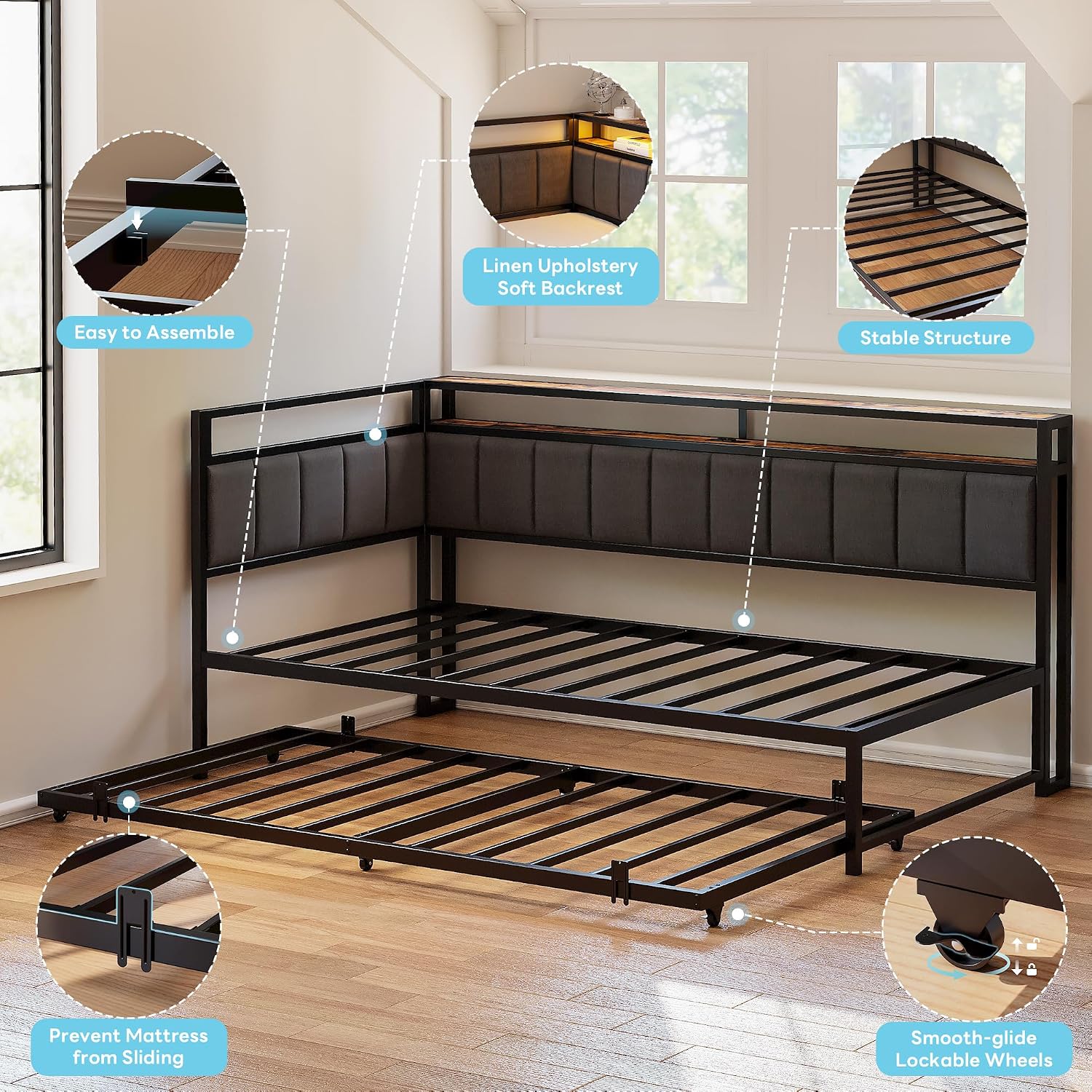 LIKIMIO Corner Full Bed Frame with Trundle, Upholstered Storage Headboard & LED Lights, Full Size Daybed with Charging Station, Sturdy Platform Metal Frame for Living Room, Bedroom, Guest Room, Gray