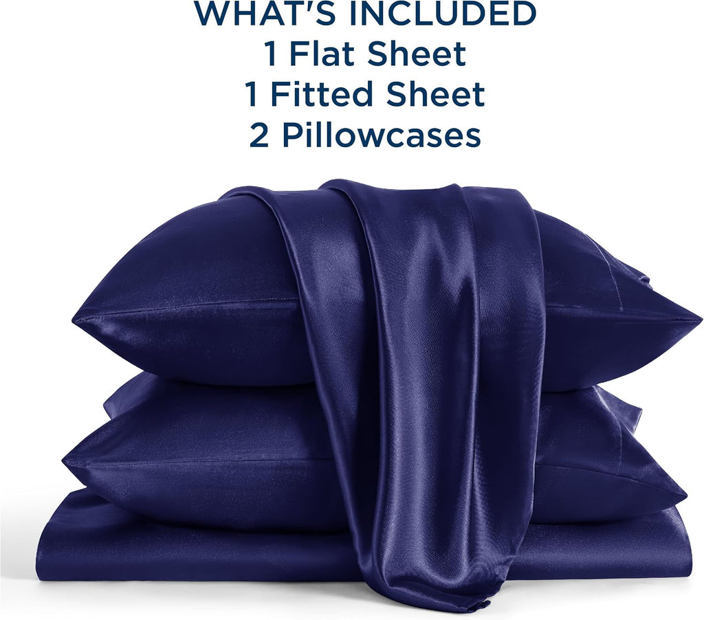 Twin XL Size 4-Piece Sheet Set Premium Mulberry Silk Bed Sheets Set Fits 14-16' Deep Pocket - Luxurious Soft Silk (Solid, Navy Blue)