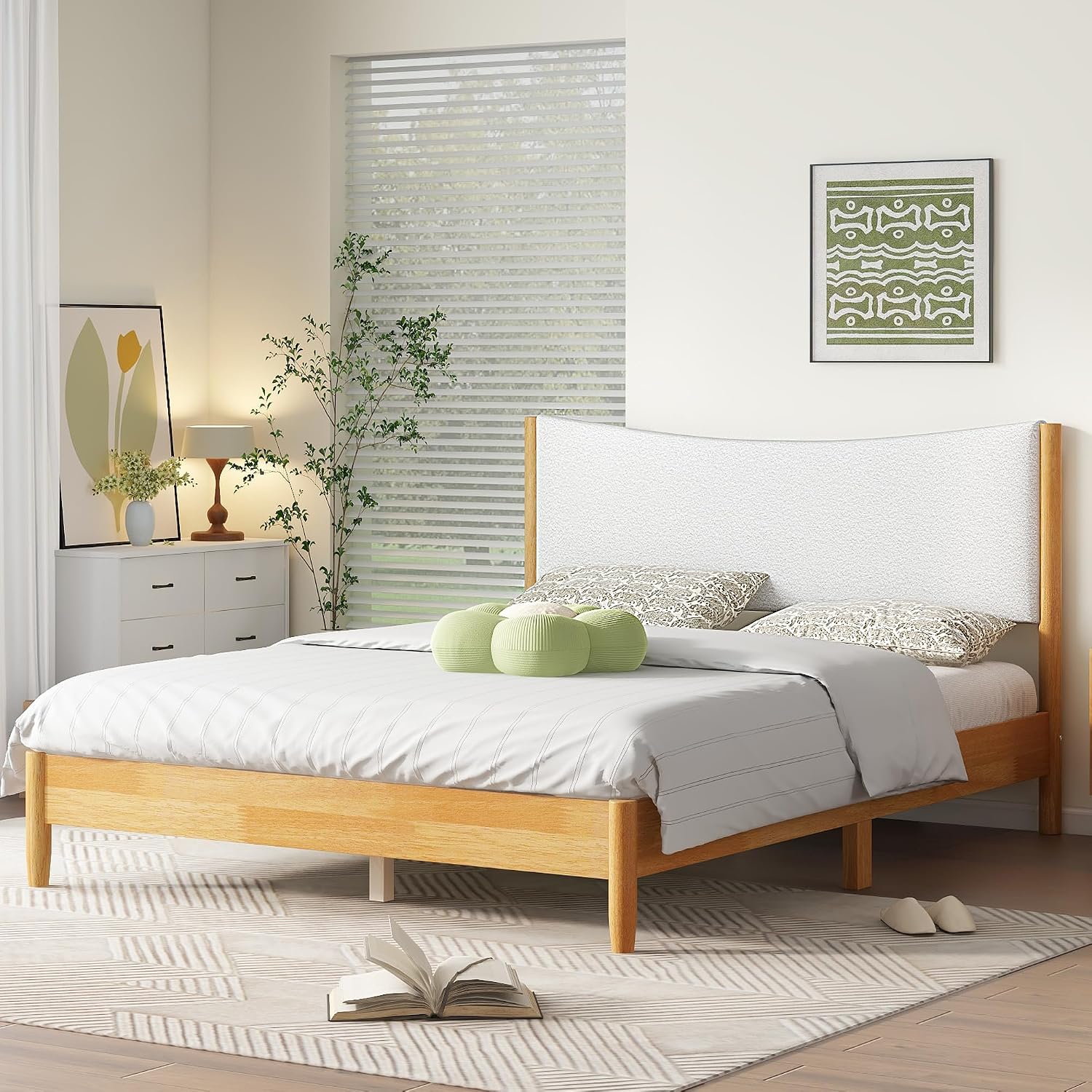 Queen Size Bed Frame with Storage, Solid Rubber Wood Platform Bed with Boucle Upholstered Headboard, Enhanced Support Feet for Stability, American Style Modern Bedroom Furniture