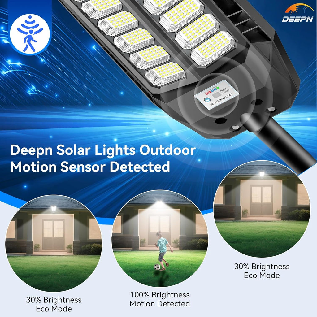 Deepn Solar Street Lights Outdoor, 8000W Commercial Grade Solar Lights Outdoor Waterproof, LED Parking Lot Light Dusk to Dawn Security Flood Lights with Motion Sensor and Remote Control, 4 Pack