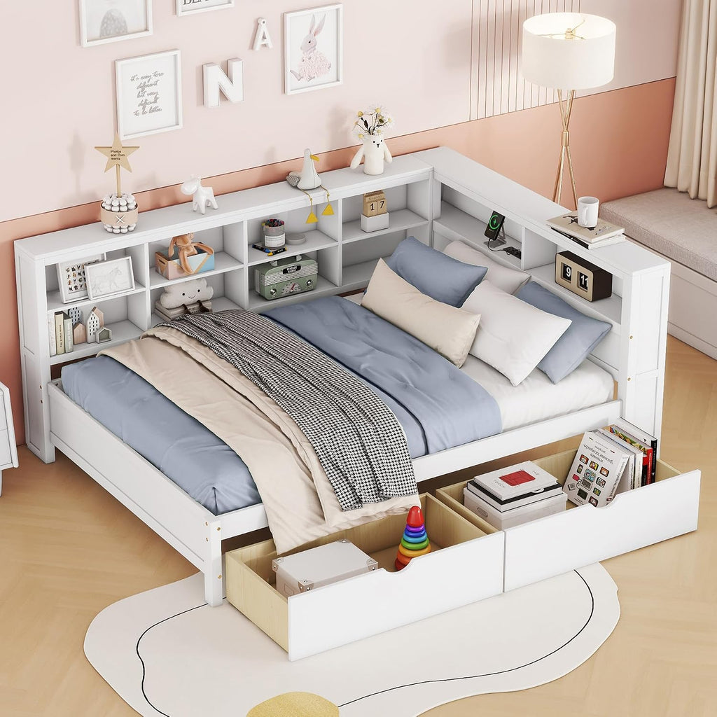 Full Size Daybed with 2 Drawers,Minimalist Wooden Sofa Bed Frame with Storage Shelf and USB Charging Ports for Bedroom, Studyroom, Guestroom, Livingroom (White-WD54)