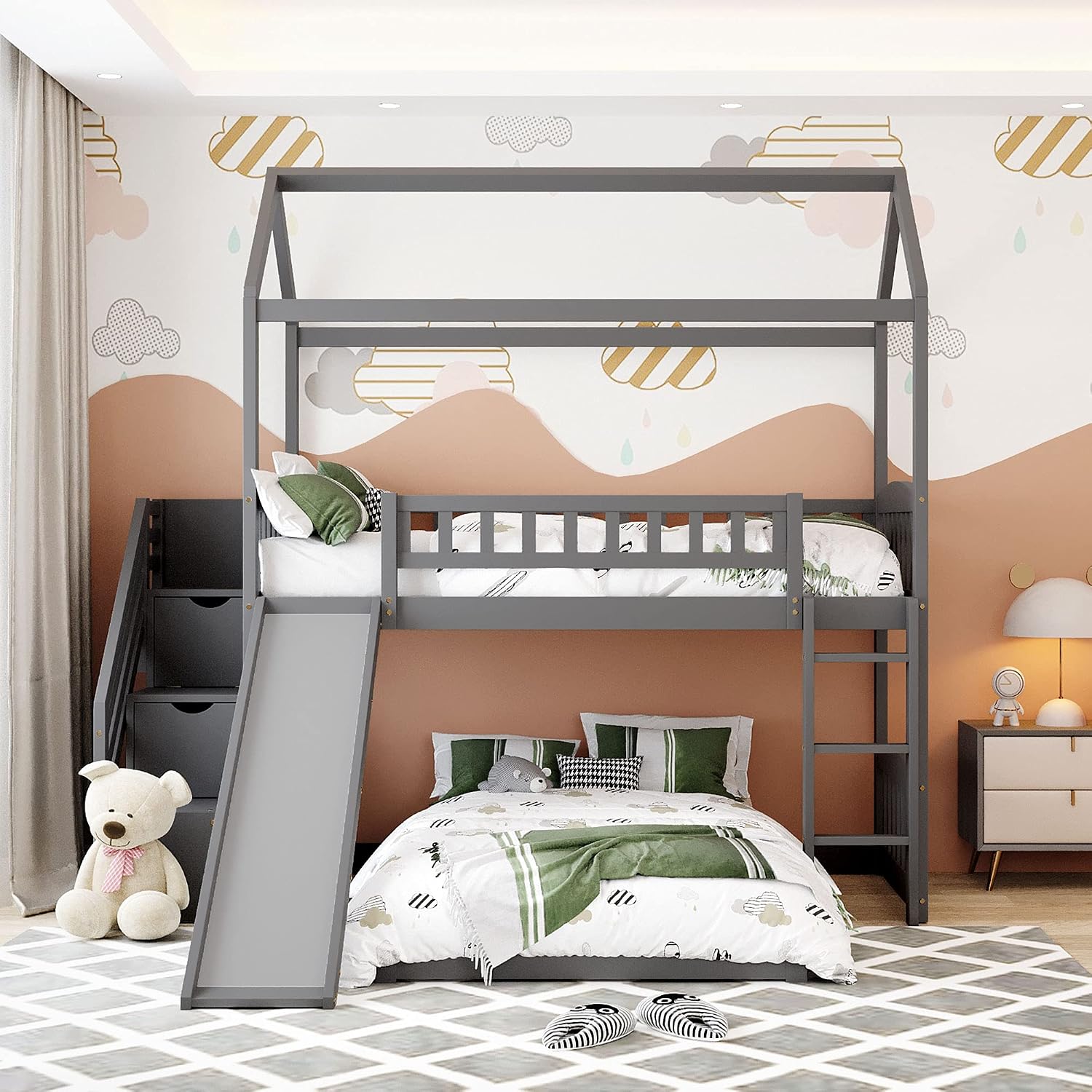 Twin Over Twin Bunk Bed for Kids Toddlers, House Bunk Bed Farm with Storage Steps and Slide Ladder Roof Guardrail for Girls/Boys, No Spring Box Required (Gray-Wood)