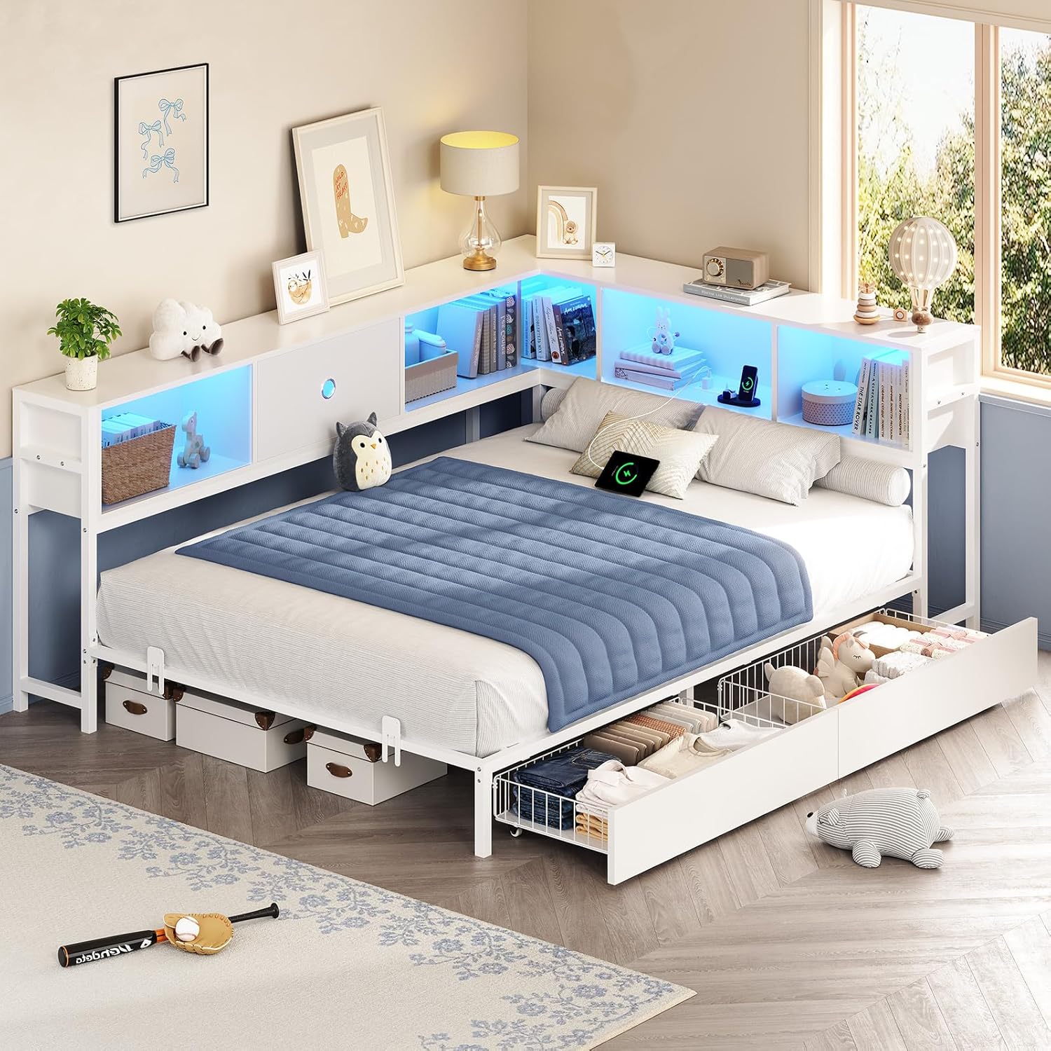 Hasuit Corner Full Bed Frame with Storage Drawers and Bookcase Headboard, Full Size Metal Platform Corner Bed Frame with Charging Station and LED Lights, Full Daybed for Kids Teens Guests, White