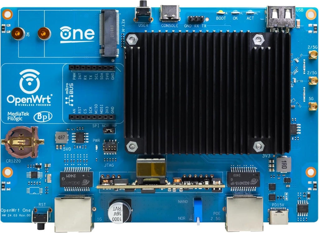 WayPonDEV Banana Pi WiFi 6 OpenWrt One Router Board, Wireless Dual Band Internet Router, MediaTek MT7981B SoC 1GB DDR4 RAM, Integrated 1x 2.5GbE WAN Gigabit LAN RJ45 Port, Support AP, WPA,WPA2,WPA3