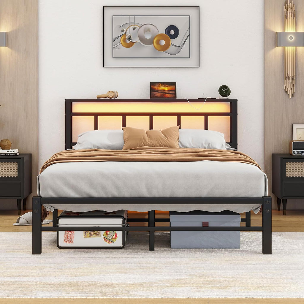 Full Size Bed Frame with Headboard,LED Light and Charging Station with Wood Shelves,Metal Platform Bed with Heavy Duty Slats Support,No Box Spring Needed,Easy Assembly,Noise Free,Black