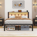 Full Size Bed Frame with Headboard,LED Light and Charging Station with Wood Shelves,Metal Platform Bed with Heavy Duty Slats Support,No Box Spring Needed,Easy Assembly,Noise Free,Black