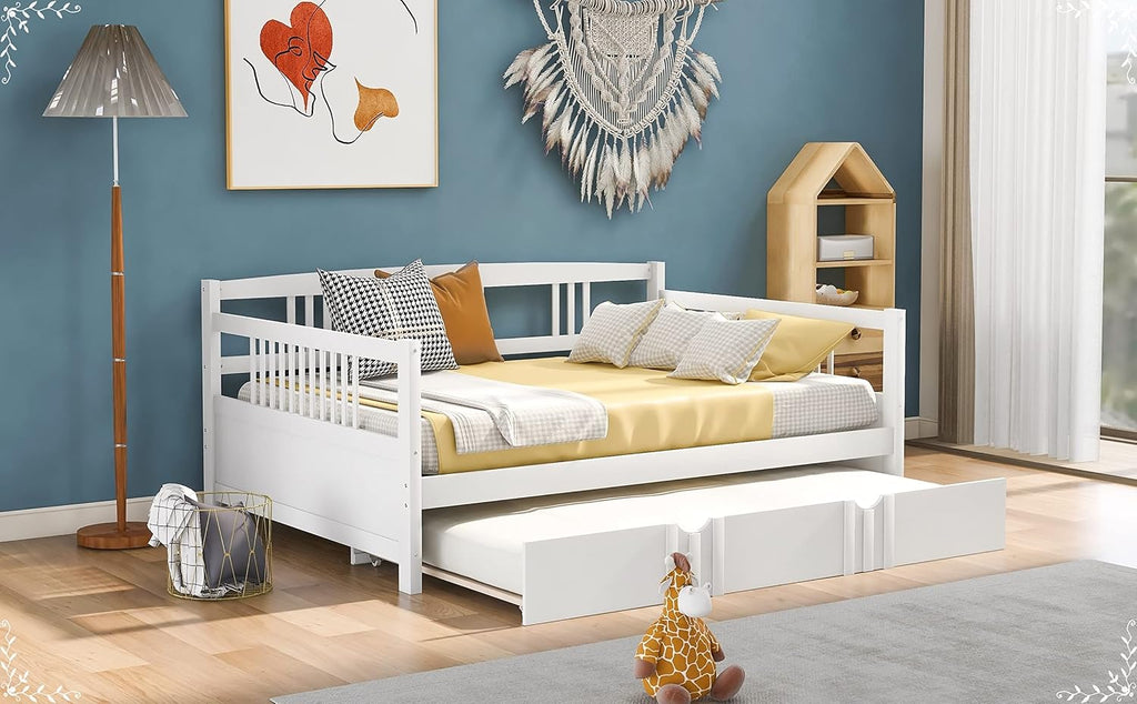 Full Size Trundle Bed, Full Size Bed Frame White Solid Wood Bohemian Sofa Bed with Metal Slats Daybed for Teen Adult Bedroom Living Room